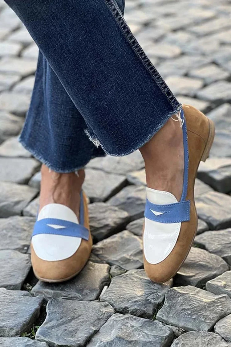 Kamila | Mokasyny Colour Block, Camel, Biel i Błękit