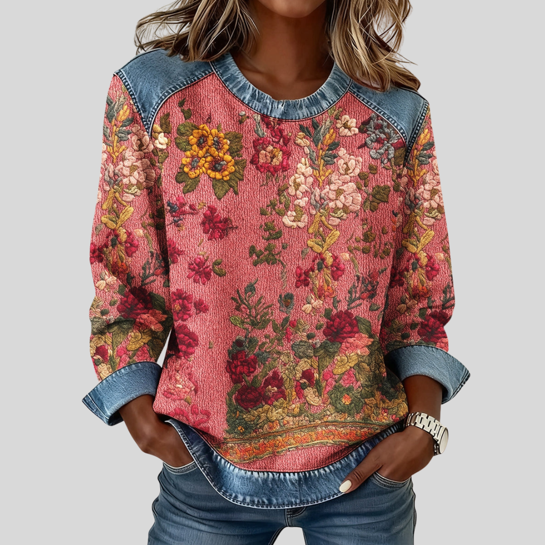 Oliwia | Bluza w Kwiaty z Jeansowym Akcentem