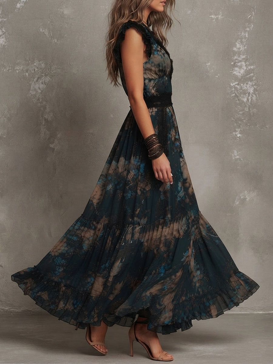 Olga | Sukienka Maxi w Ciemne Kwiaty z Koronką