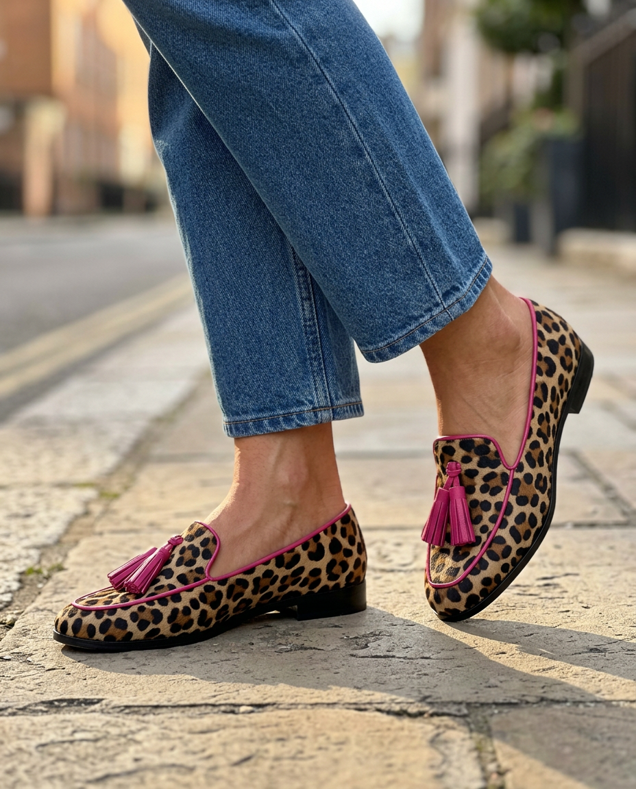 Flora | Mokasyny w Panterkę z Fuksjowymi Frędzlami