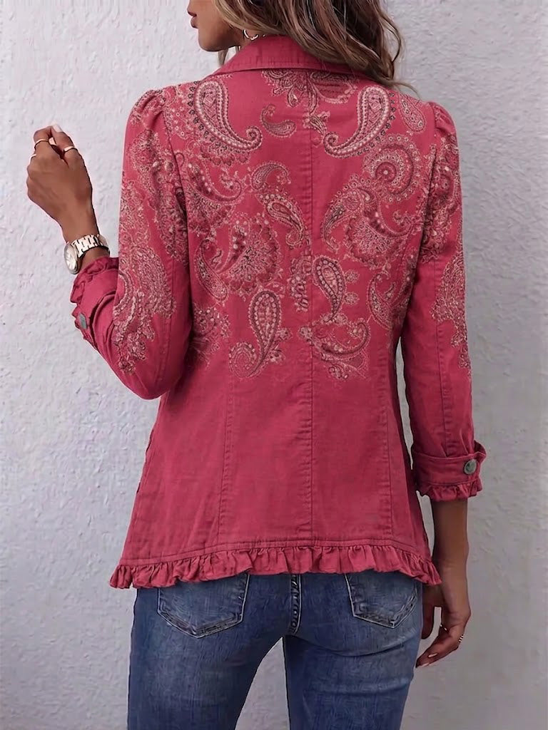 Marta | Różowy Żakiet w Paisley z Falbankami